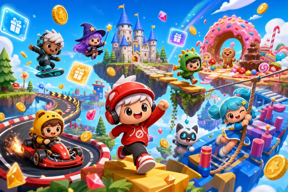Original chibi avatar characters across colorful mini-game worlds with floating gift-card rewards